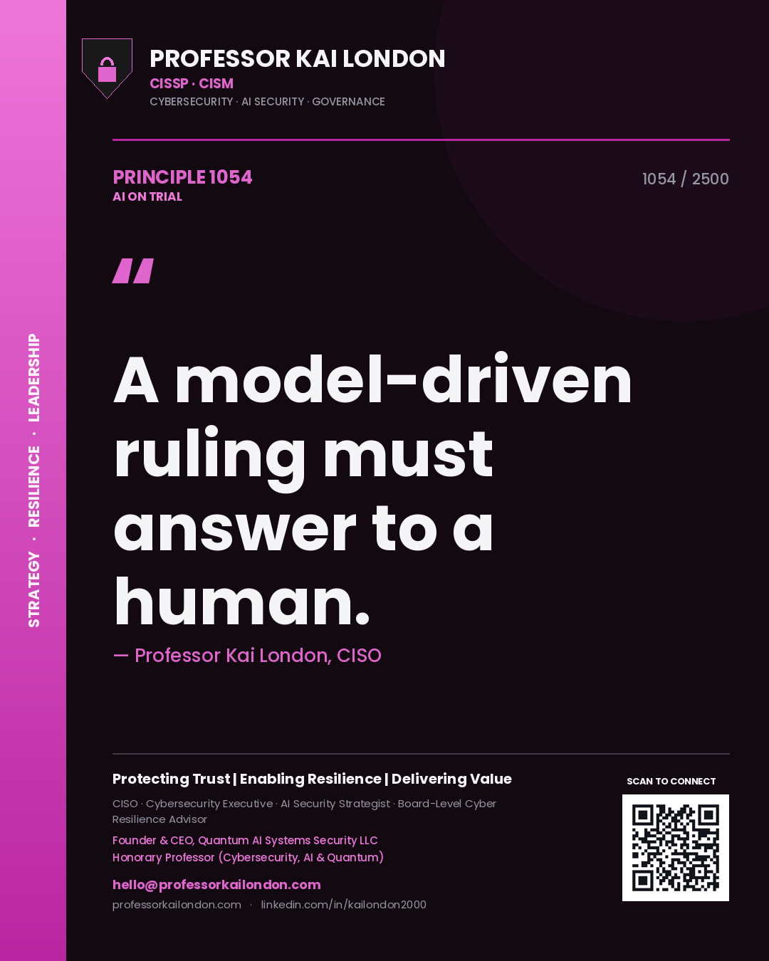 Quote card by Professor Kai London reading 'A model-driven ruling must answer to a human.'. From the book AI on Trial.