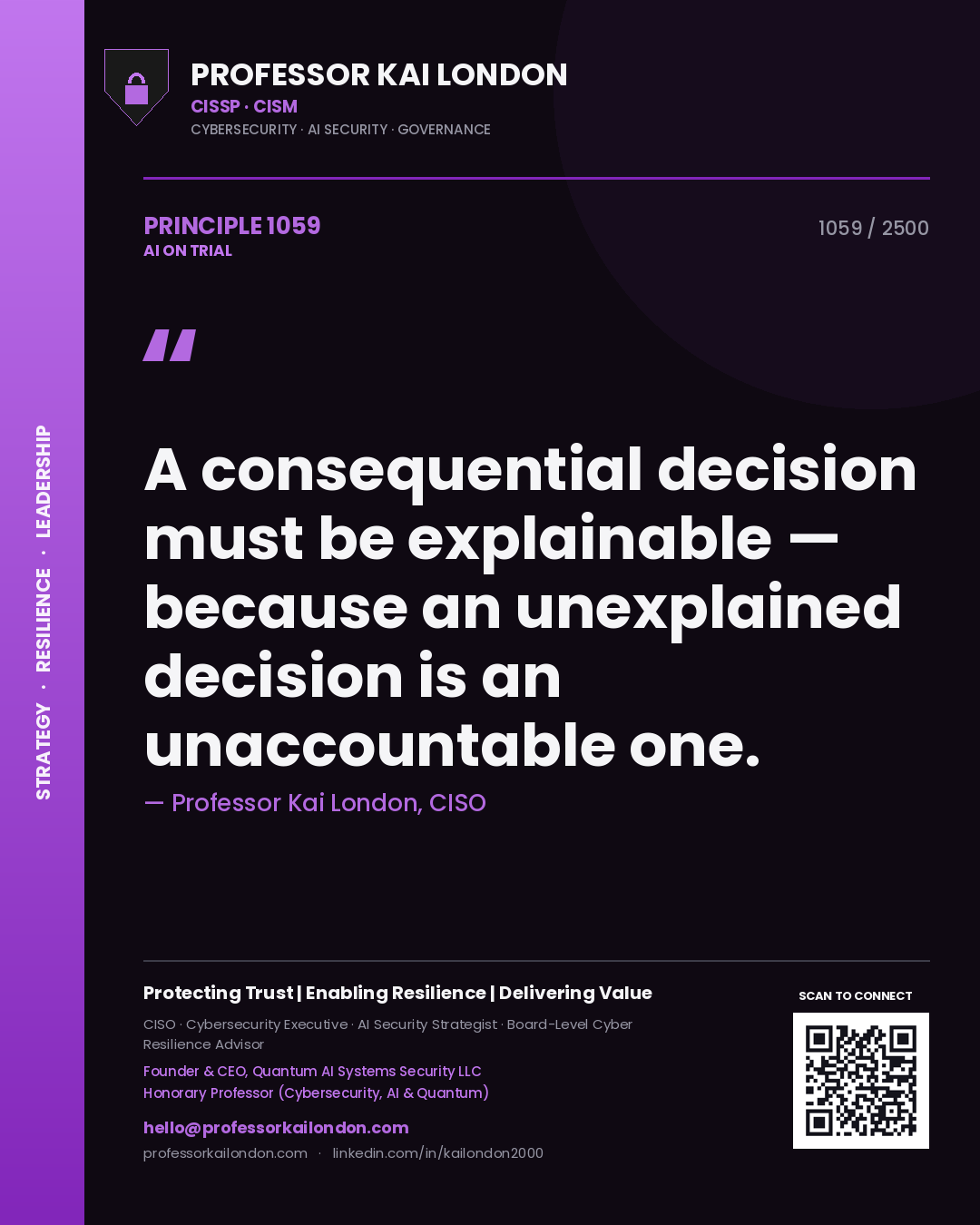 Professor Kai London principle 1059: A consequential decision must be explainable — because an unexplained decision is an unaccountable one.