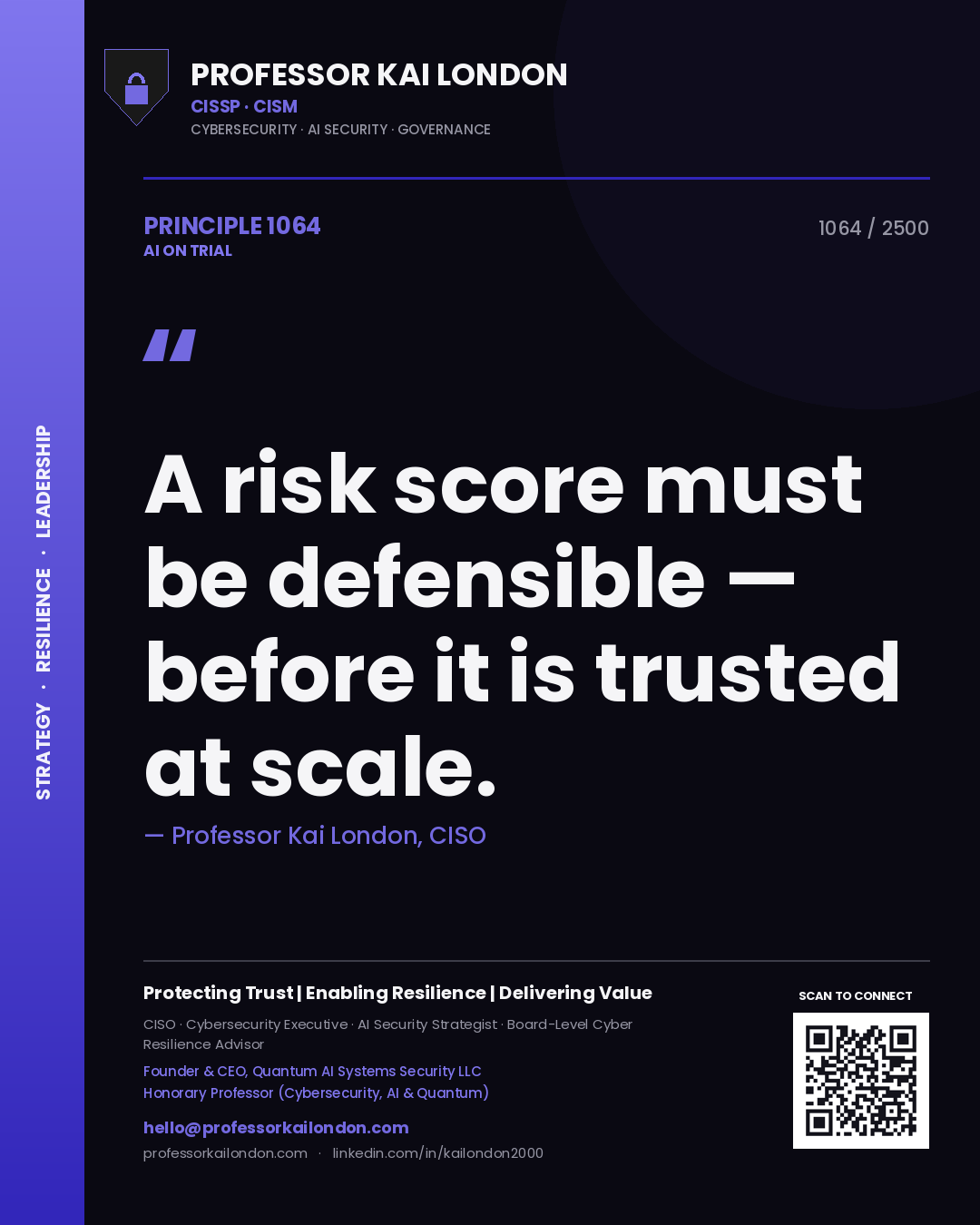Professor Kai London principle 1064: A risk score must be defensible — before it is trusted at scale.