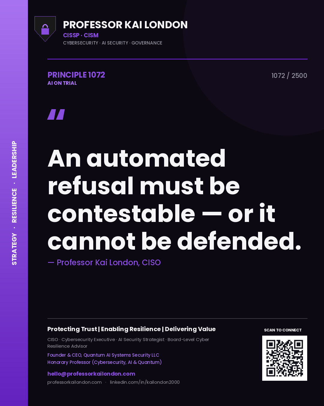 Professor Kai London principle 1072: An automated refusal must be contestable — or it cannot be defended.