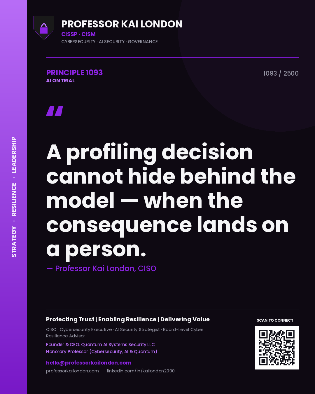 Quote card by Professor Kai London reading 'A profiling decision cannot hide behind the model — when the consequence lands on a person.'. From the book AI on Trial.