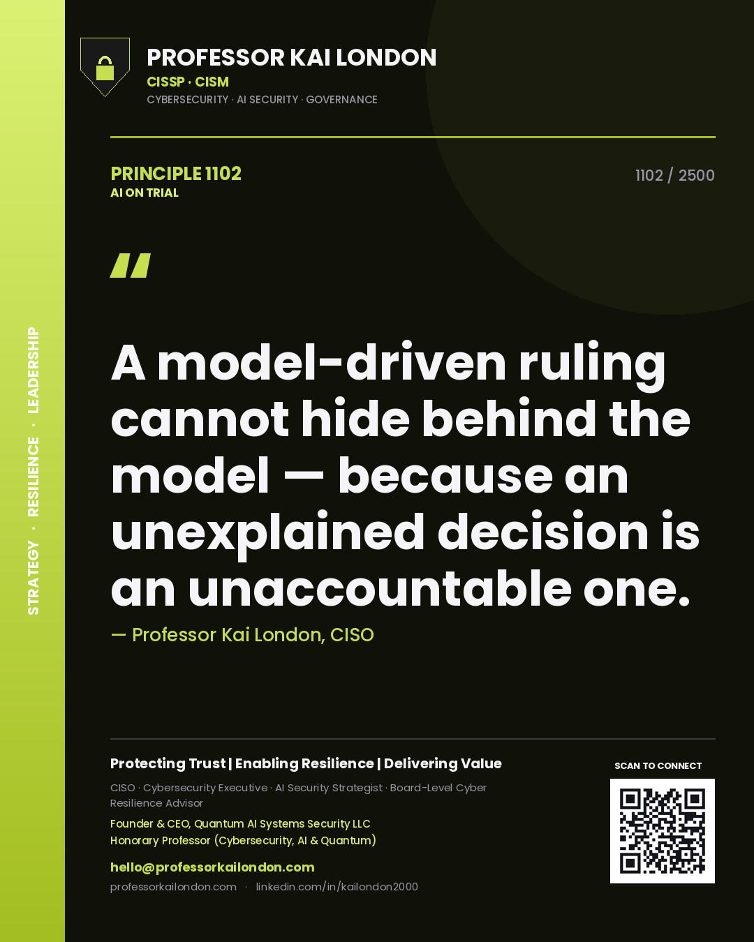 Professor Kai London principle 1102: A model-driven ruling cannot hide behind the model — because an unexplained decision is an unaccountable one.
