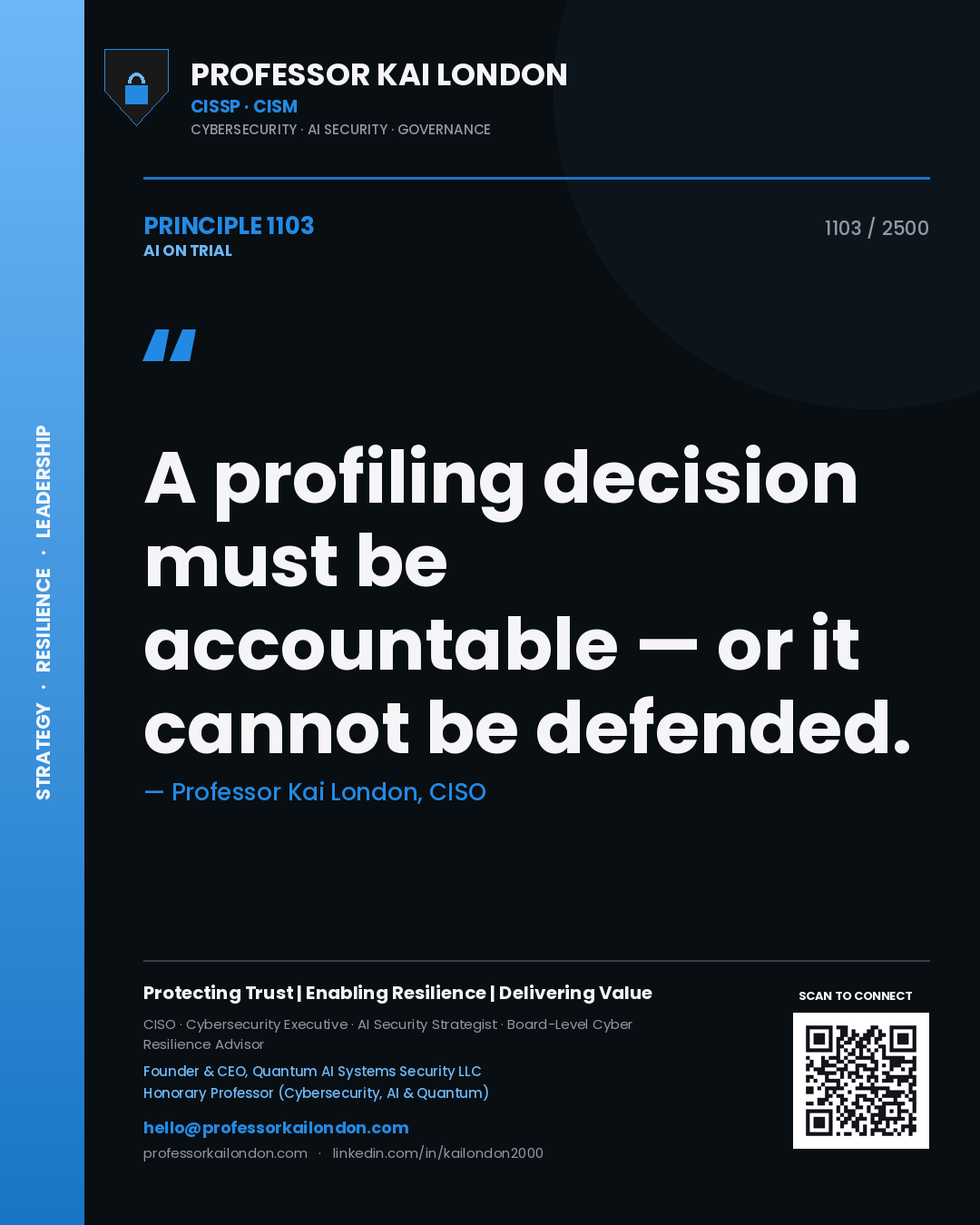 Quote card by Professor Kai London reading 'A profiling decision must be accountable — or it cannot be defended.'. From the book AI on Trial.
