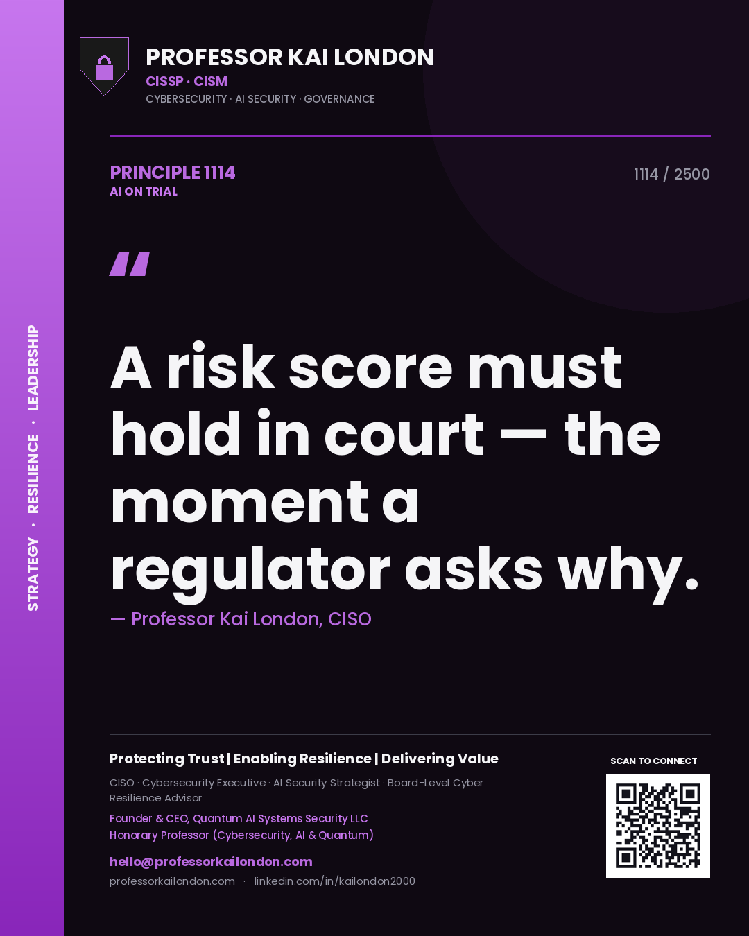 Professor Kai London principle 1114: A risk score must hold in court — the moment a regulator asks why.