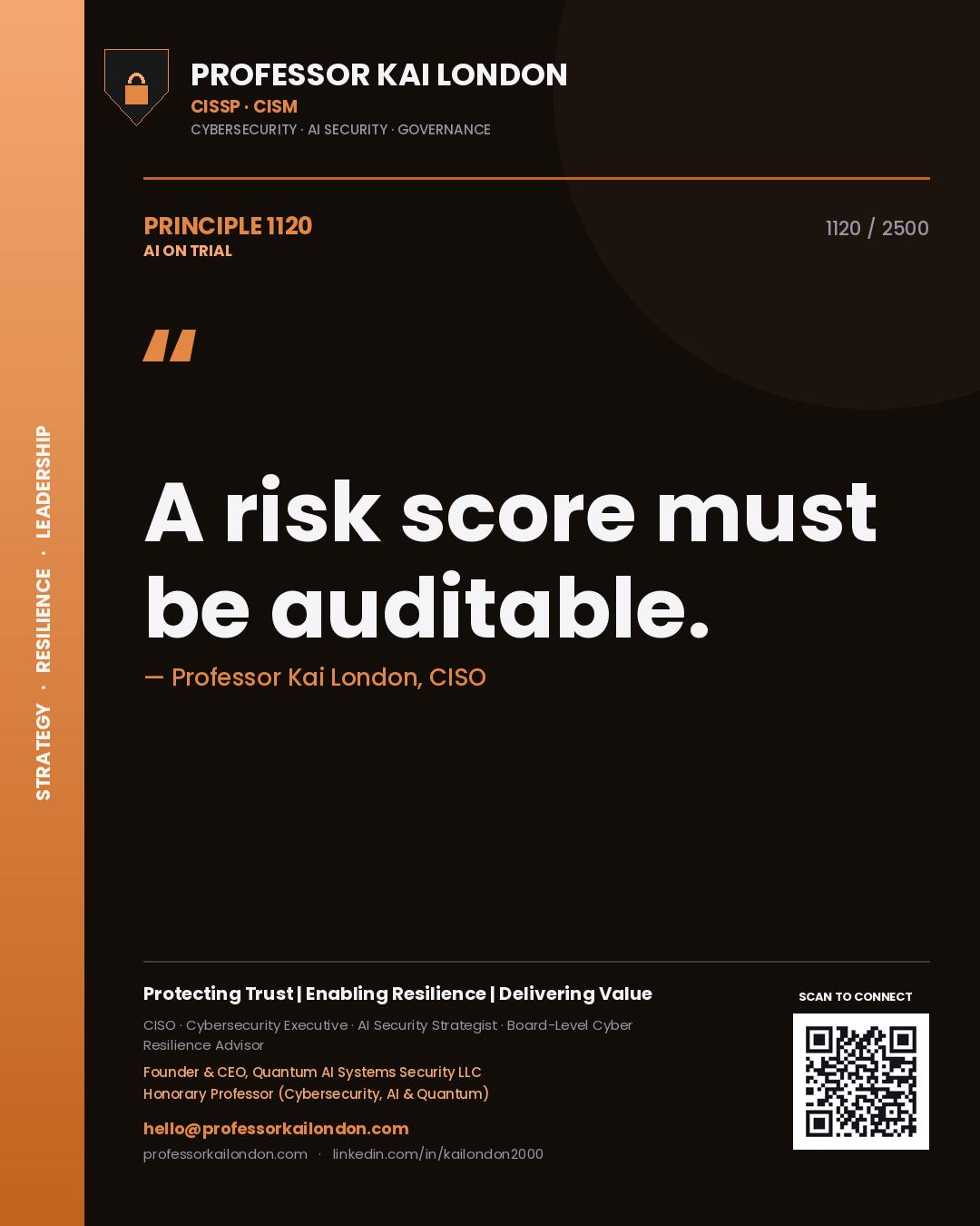 Quote card by Professor Kai London reading 'A risk score must be auditable.'. From the book AI on Trial.