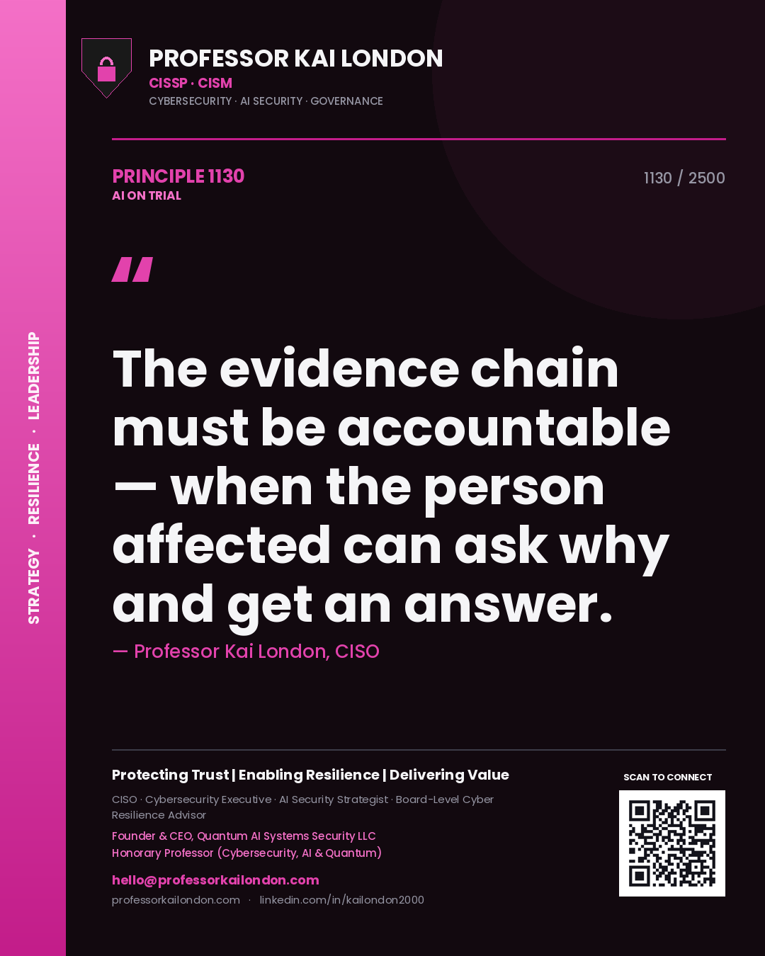 Professor Kai London principle 1130: The evidence chain must be accountable — when the person affected can ask why and get an answer.