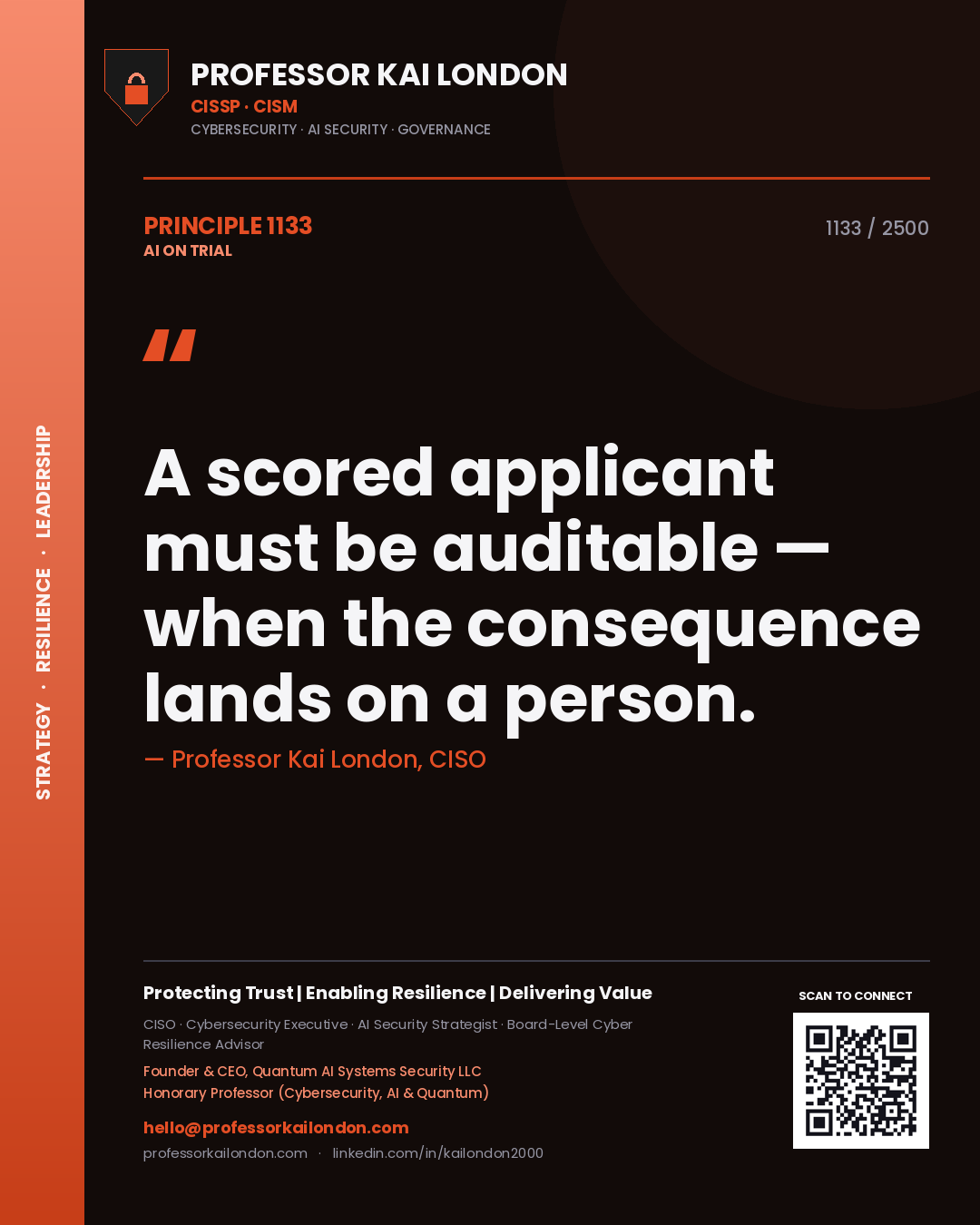 Professor Kai London principle 1133: A scored applicant must be auditable — when the consequence lands on a person.