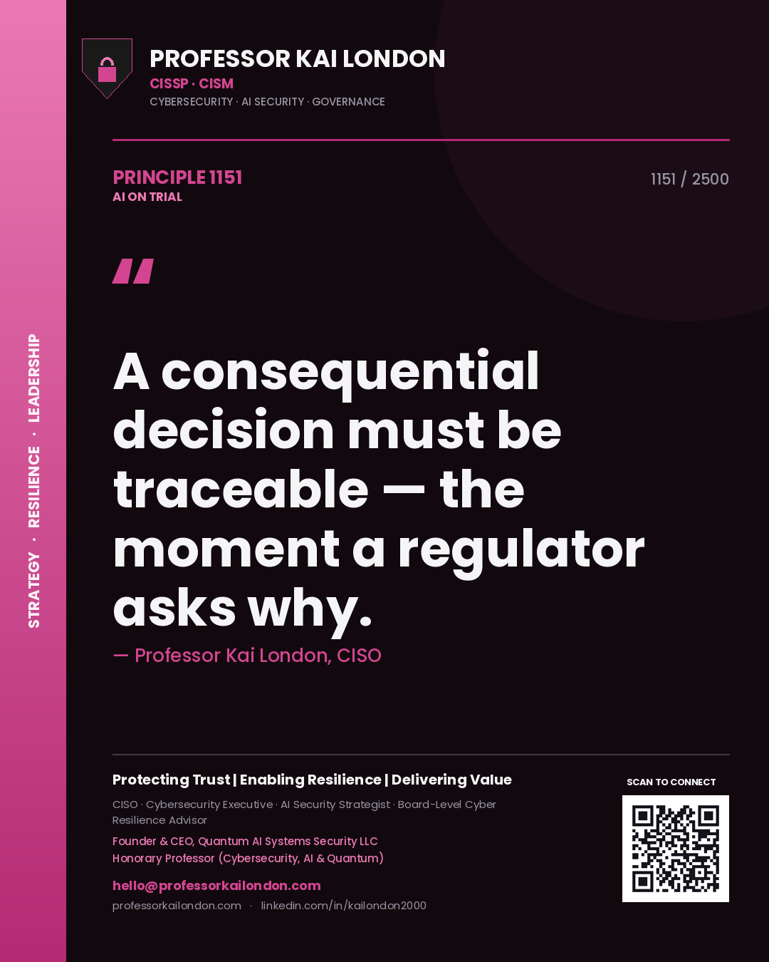 Professor Kai London principle 1151: A consequential decision must be traceable — the moment a regulator asks why.
