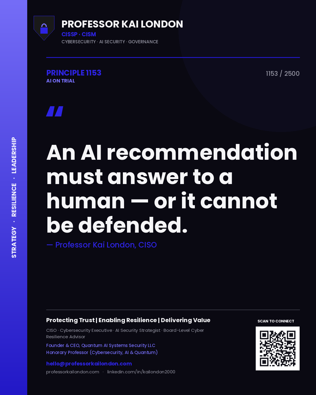 Professor Kai London principle 1153: An AI recommendation must answer to a human — or it cannot be defended.