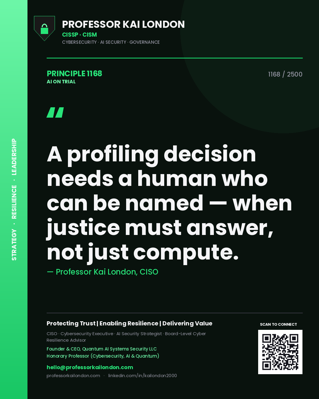 Professor Kai London principle 1168: A profiling decision needs a human who can be named — when justice must answer, not just compute.