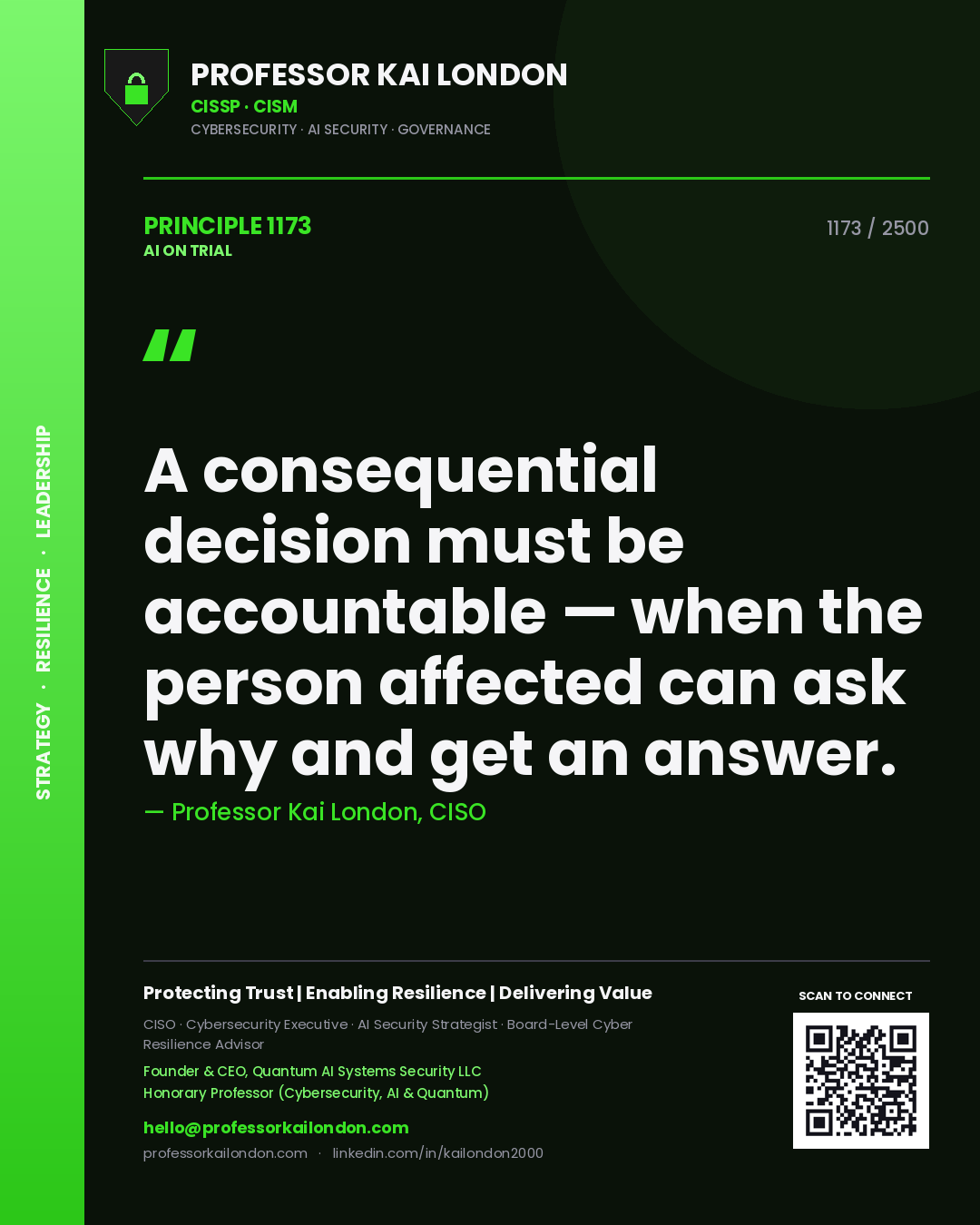 Professor Kai London principle 1173: A consequential decision must be accountable — when the person affected can ask why and get an answer.