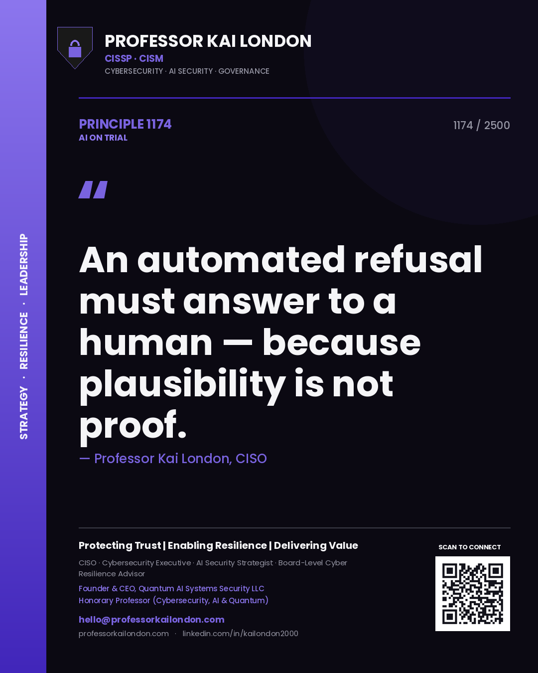 Professor Kai London principle 1174: An automated refusal must answer to a human — because plausibility is not proof.