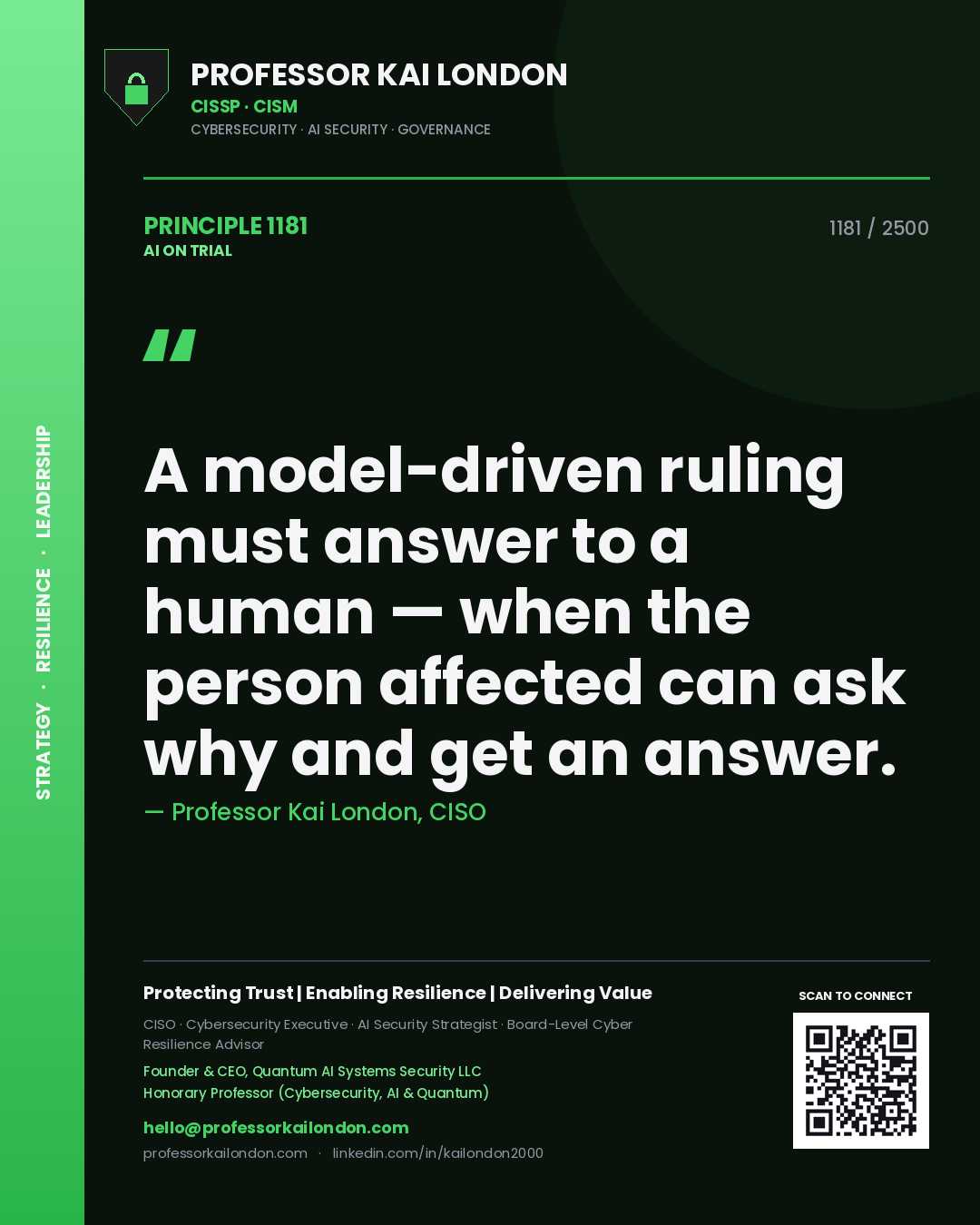 Professor Kai London principle 1181: A model-driven ruling must answer to a human — when the person affected can ask why and get an answer.