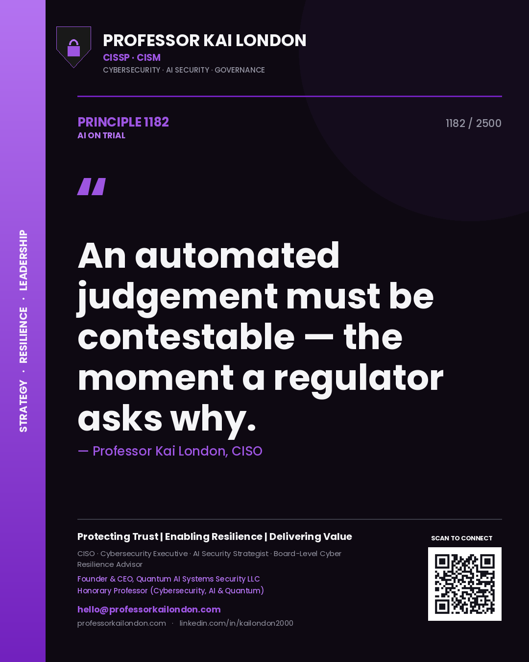 Professor Kai London principle 1182: An automated judgement must be contestable — the moment a regulator asks why.