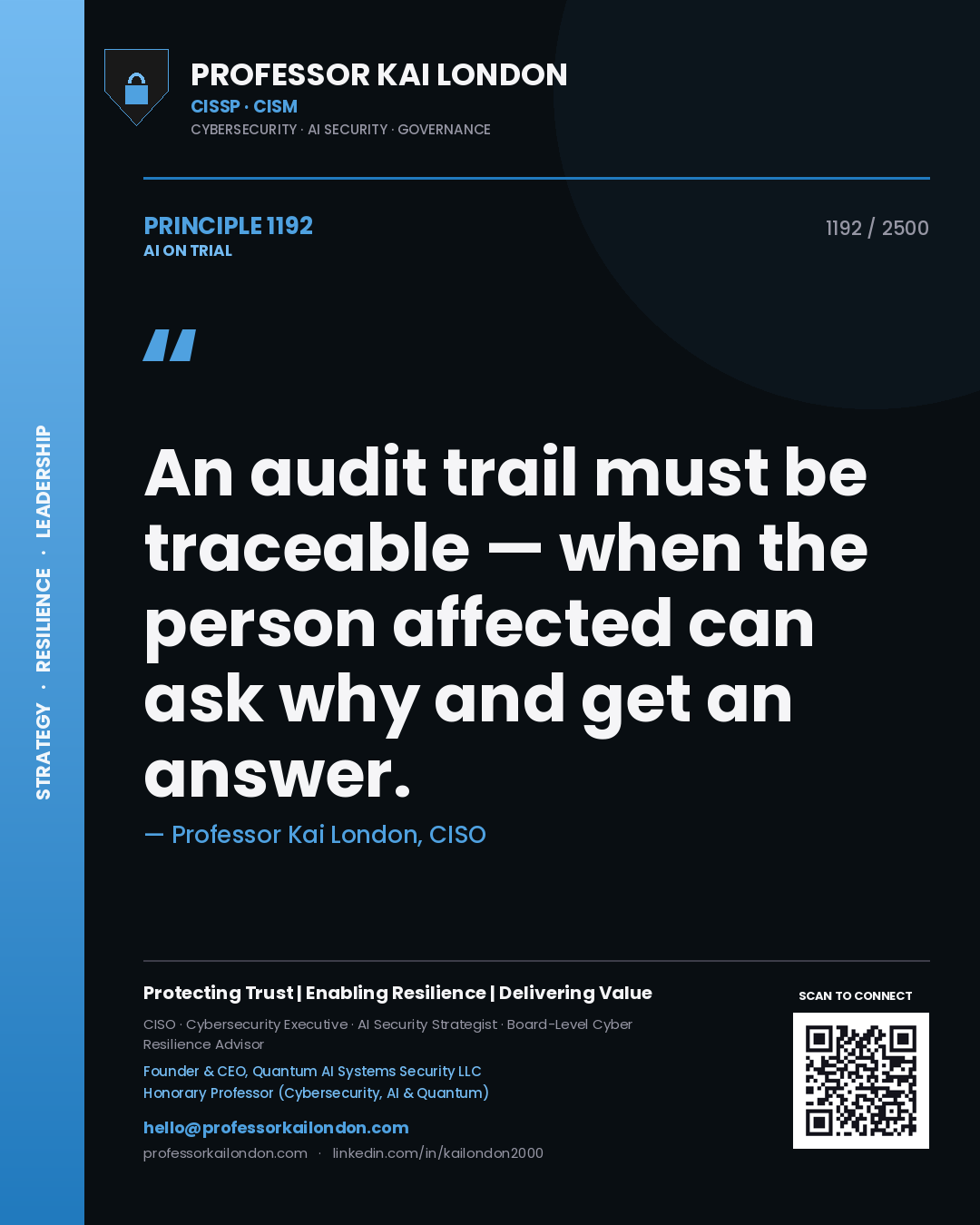 Professor Kai London principle 1192: An audit trail must be traceable — when the person affected can ask why and get an answer.