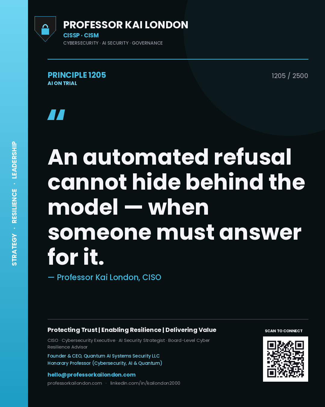 Professor Kai London principle 1205: An automated refusal cannot hide behind the model — when someone must answer for it.