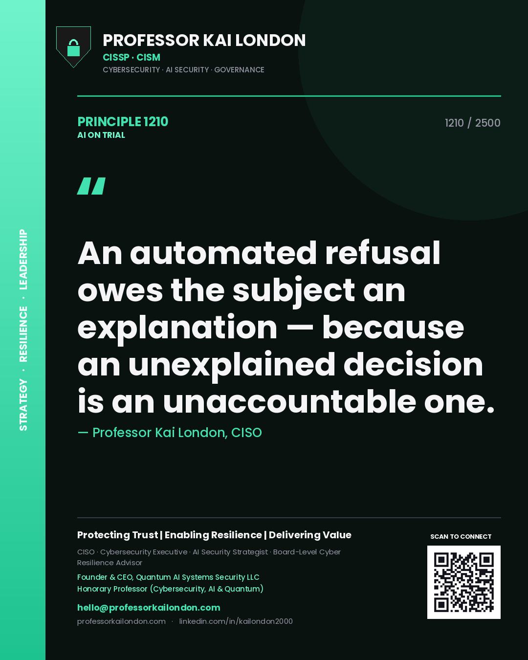 Professor Kai London principle 1210: An automated refusal owes the subject an explanation — because an unexplained decision is an unaccountable one.