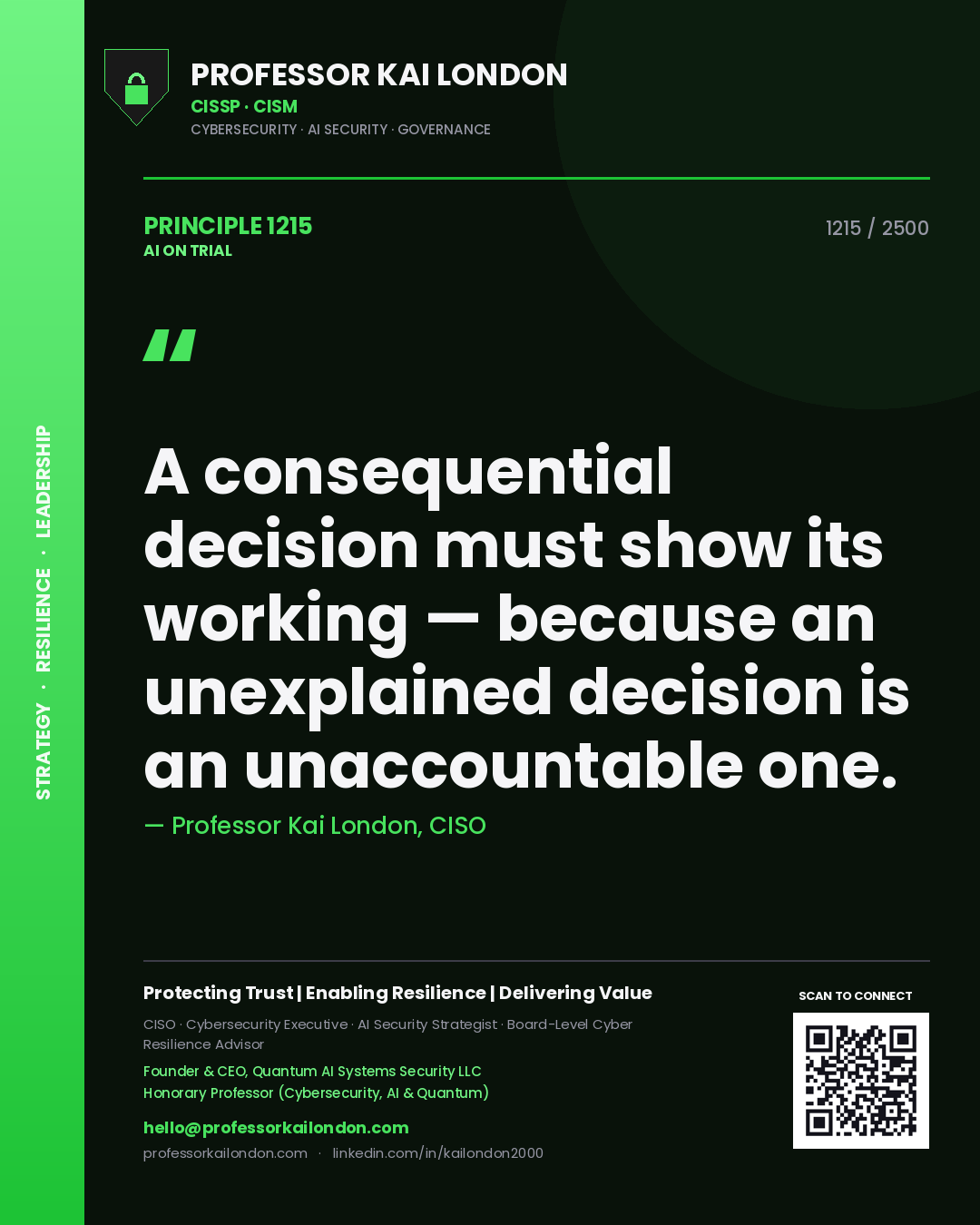 Quote card by Professor Kai London reading 'A consequential decision must show its working — because an unexplained decision is an unaccountable one.'. From the book AI on Trial.