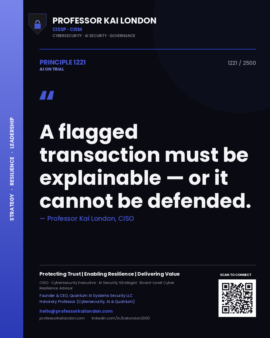 Professor Kai London principle 1221: A flagged transaction must be explainable — or it cannot be defended.
