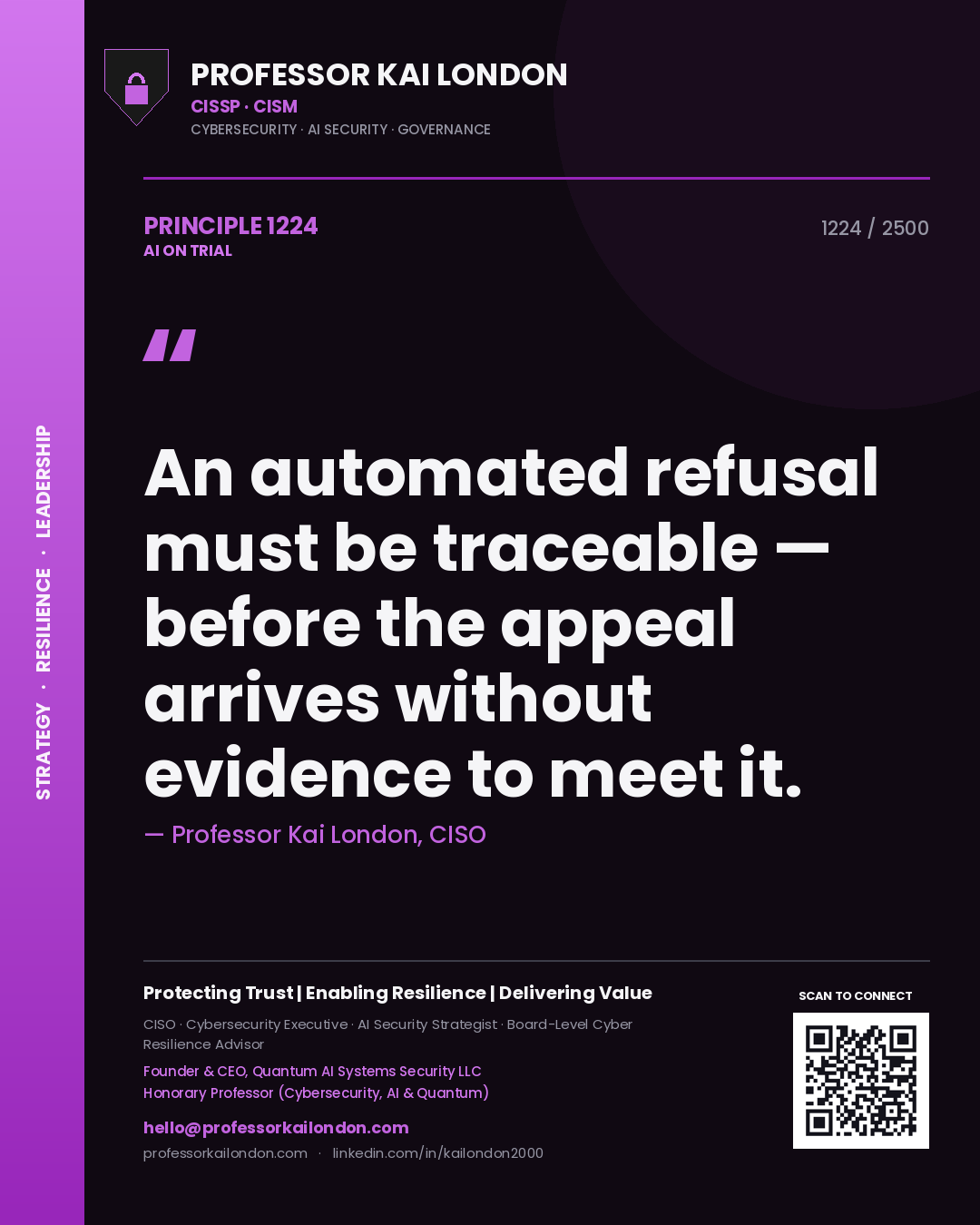 Professor Kai London principle 1224: An automated refusal must be traceable — before the appeal arrives without evidence to meet it.