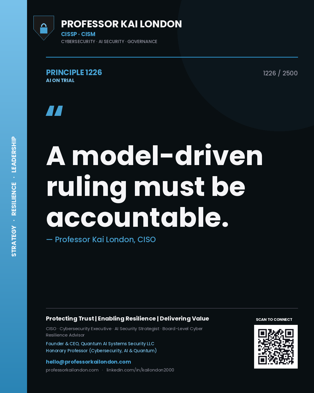 Quote card by Professor Kai London reading 'A model-driven ruling must be accountable.'. From the book AI on Trial.