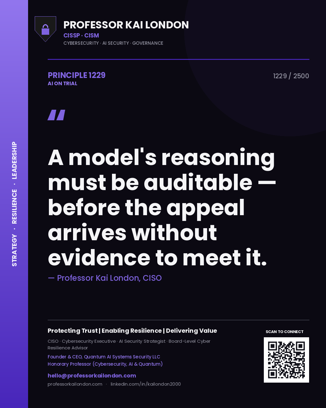 Professor Kai London principle 1229: A model's reasoning must be auditable — before the appeal arrives without evidence to meet it.