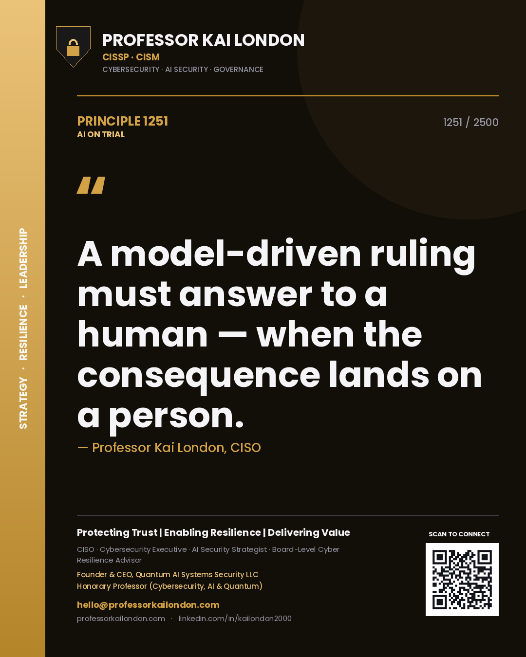 Professor Kai London principle 1251: A model-driven ruling must answer to a human — when the consequence lands on a person.
