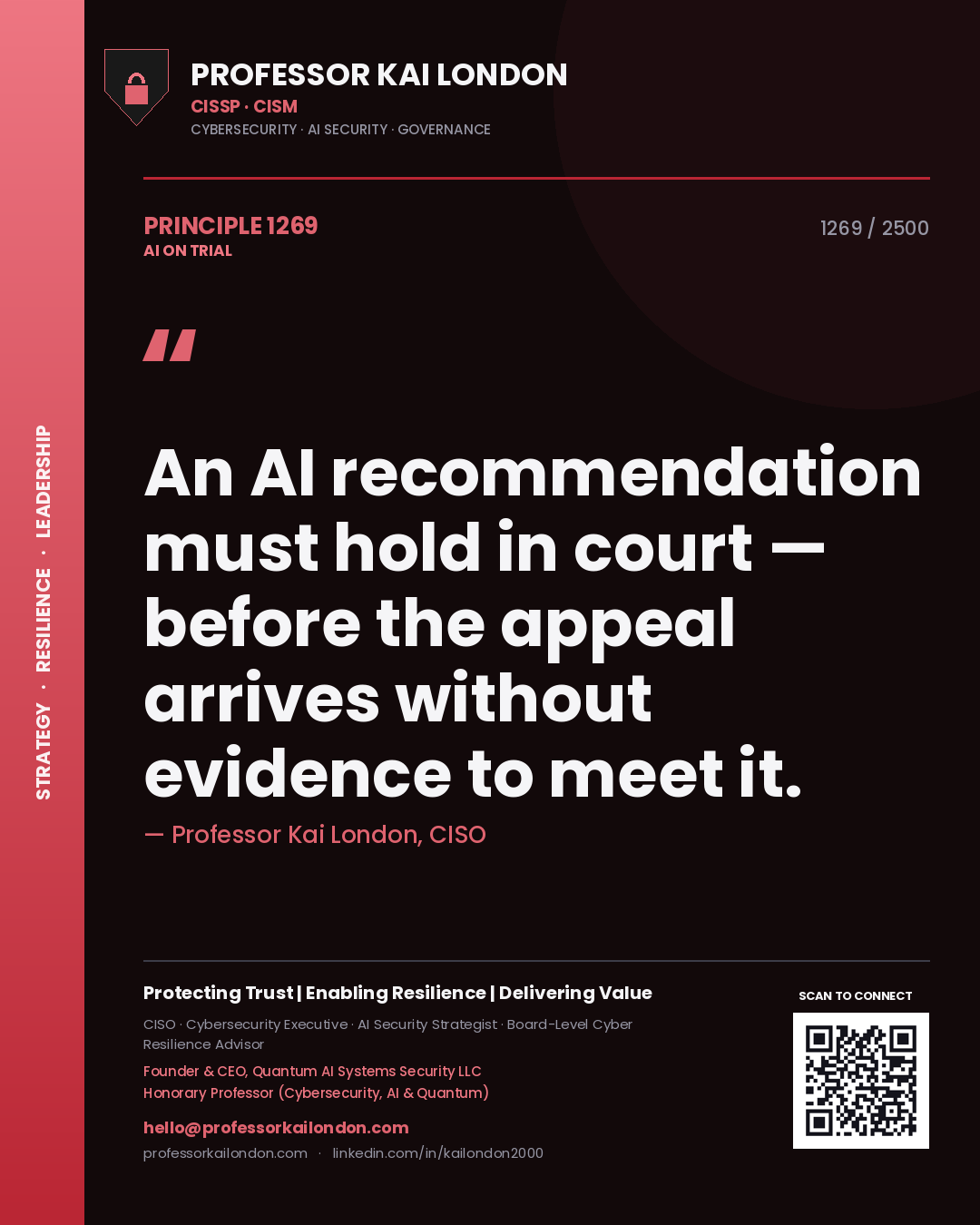 Professor Kai London principle 1269: An AI recommendation must hold in court — before the appeal arrives without evidence to meet it.