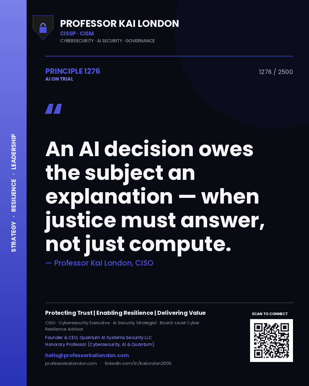 Professor Kai London principle 1276: An AI decision owes the subject an explanation — when justice must answer, not just compute.