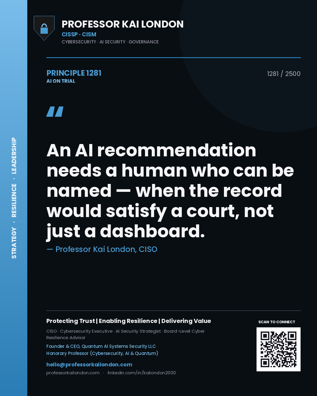 Professor Kai London principle 1281: An AI recommendation needs a human who can be named — when the record would satisfy a court, not just a dashboard.