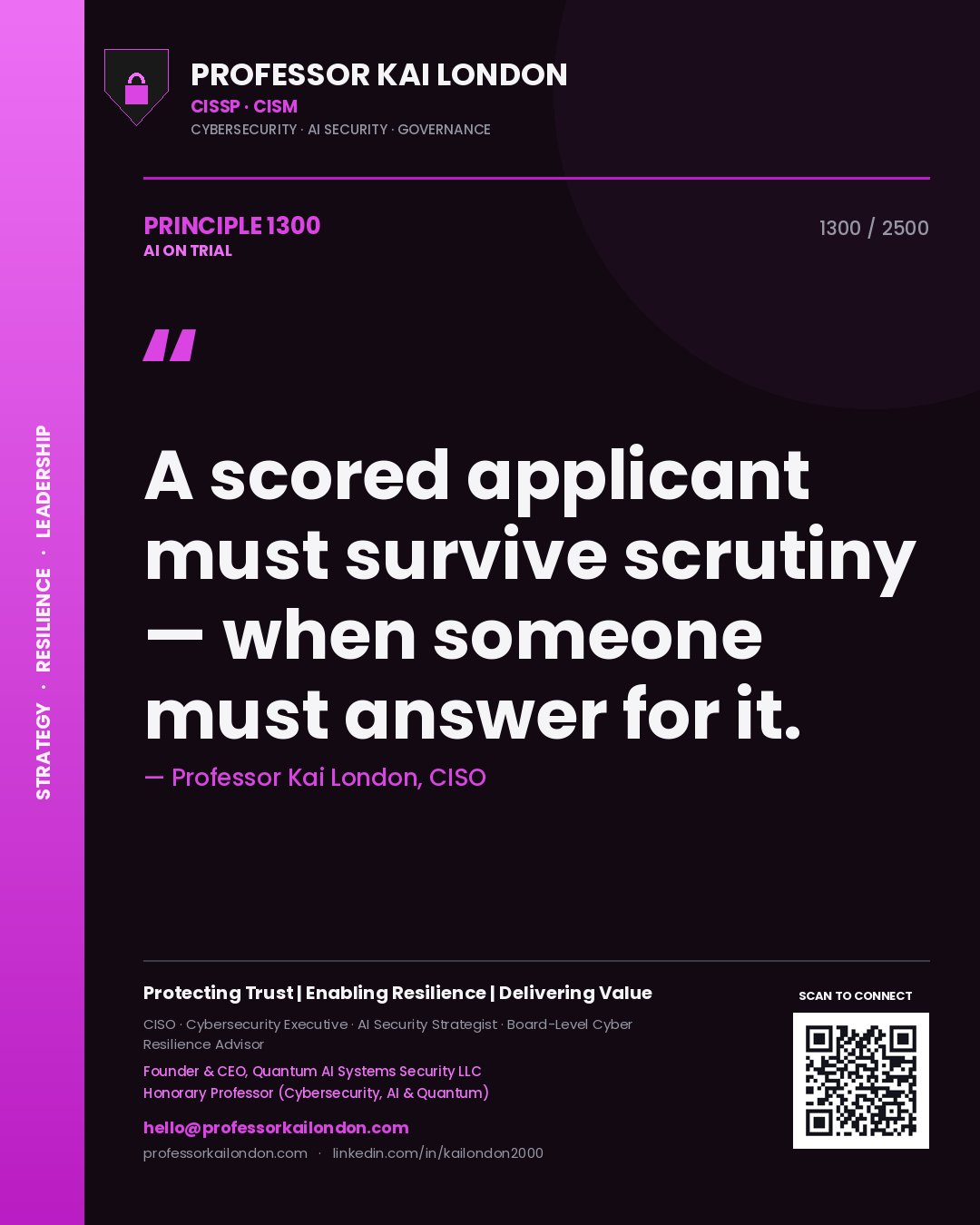 Professor Kai London principle 1300: A scored applicant must survive scrutiny — when someone must answer for it.