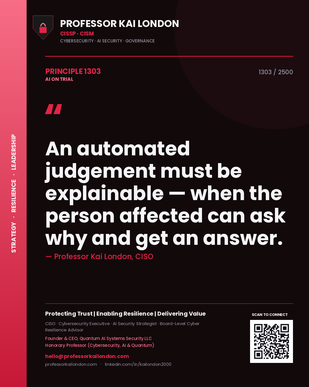 Quote card by Professor Kai London reading 'An automated judgement must be explainable — when the person affected can ask why and get an answer.'. From the book AI on Trial.