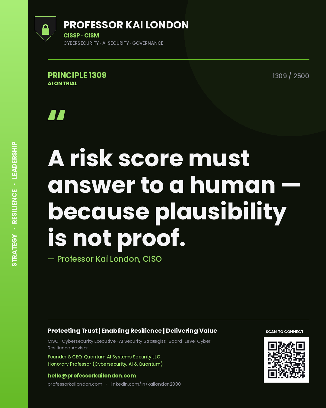 Professor Kai London principle 1309: A risk score must answer to a human — because plausibility is not proof.
