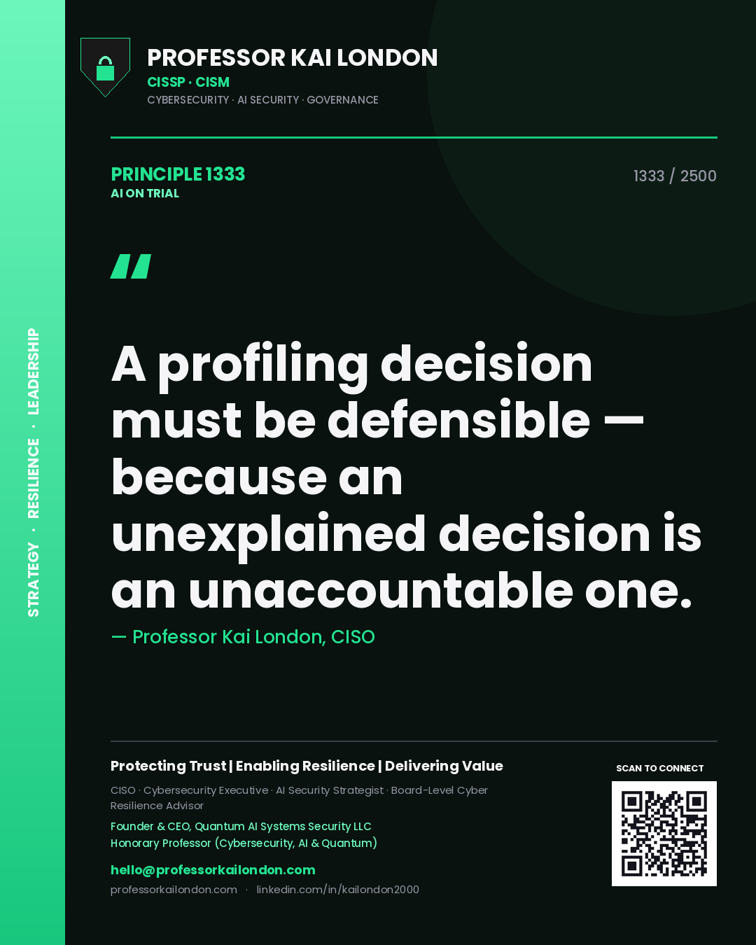 Professor Kai London principle 1333: A profiling decision must be defensible — because an unexplained decision is an unaccountable one.