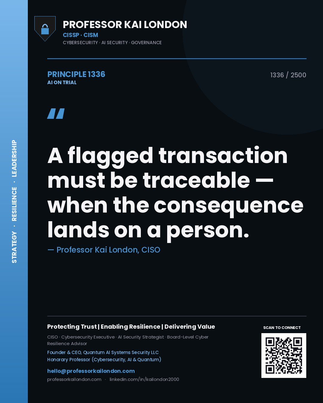 Professor Kai London principle 1336: A flagged transaction must be traceable — when the consequence lands on a person.