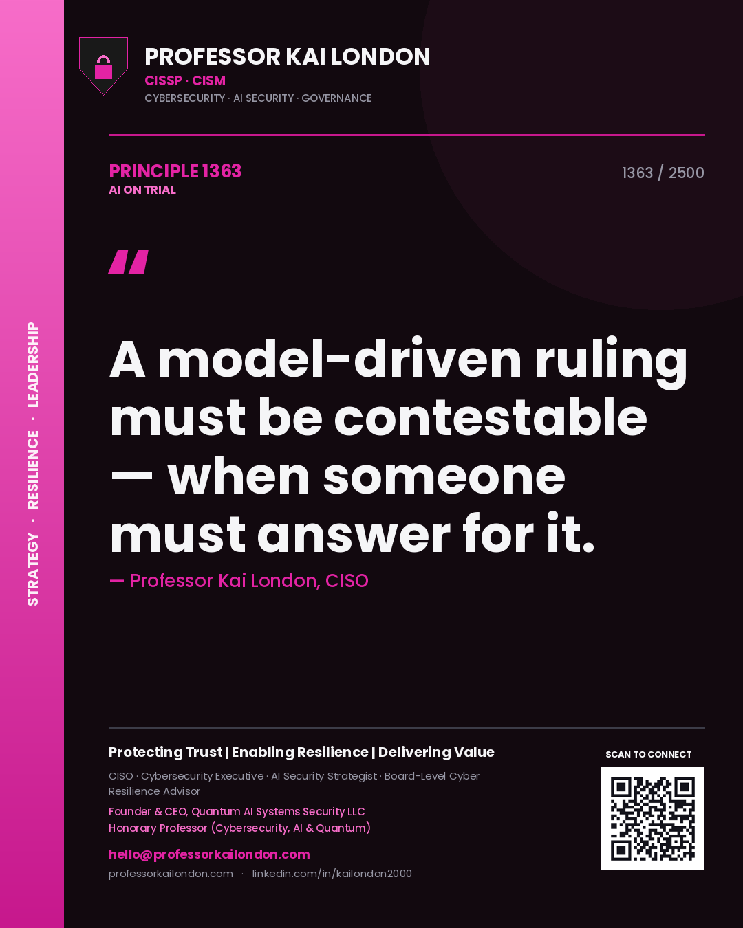 Quote card by Professor Kai London reading 'A model-driven ruling must be contestable — when someone must answer for it.'. From the book AI on Trial.