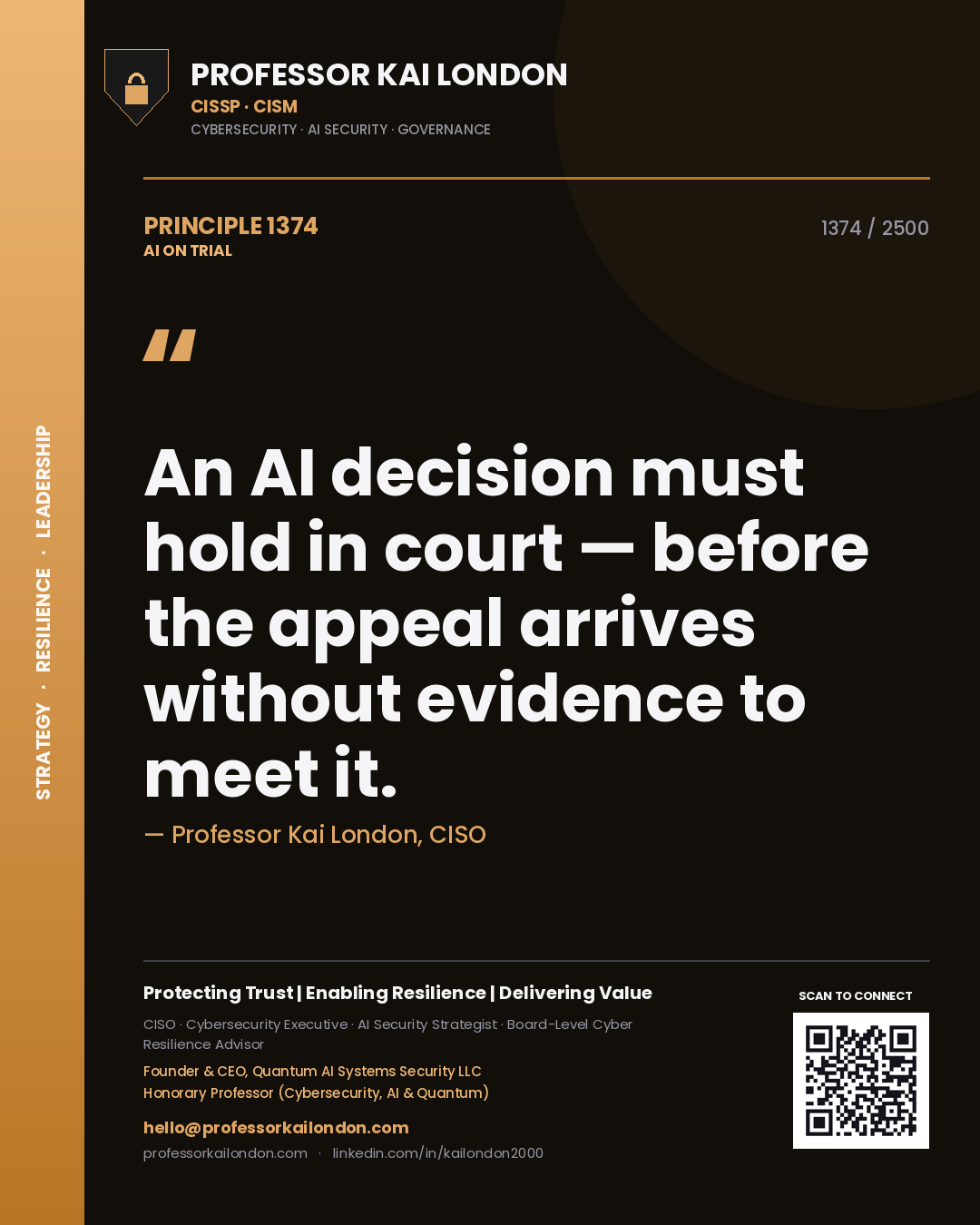 Professor Kai London principle 1374: An AI decision must hold in court — before the appeal arrives without evidence to meet it.