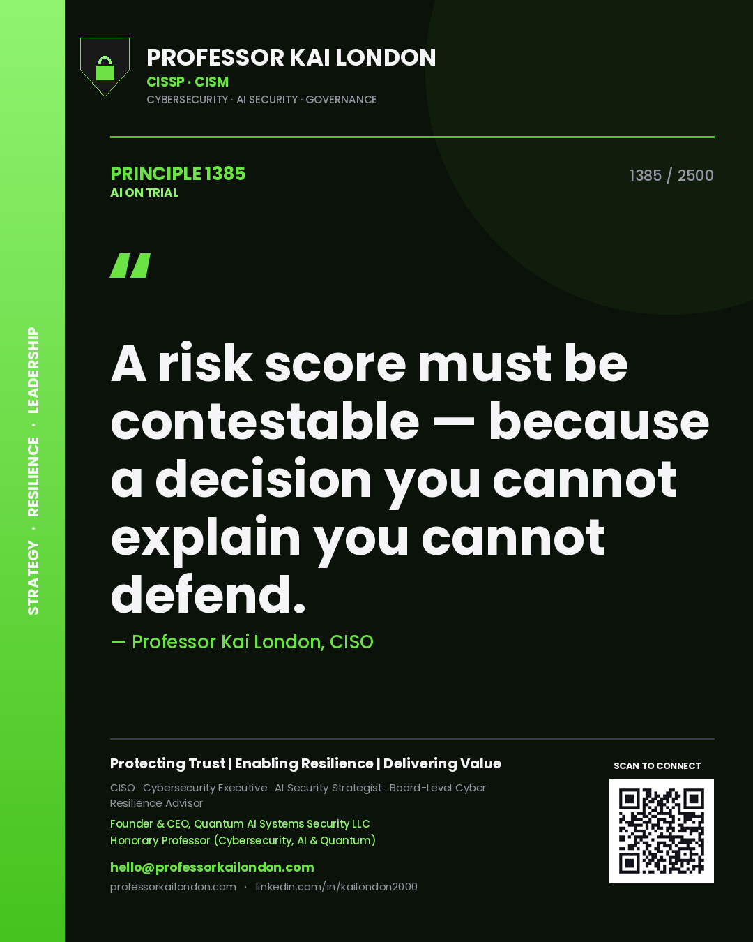 Professor Kai London principle 1385: A risk score must be contestable — because a decision you cannot explain you cannot defend.