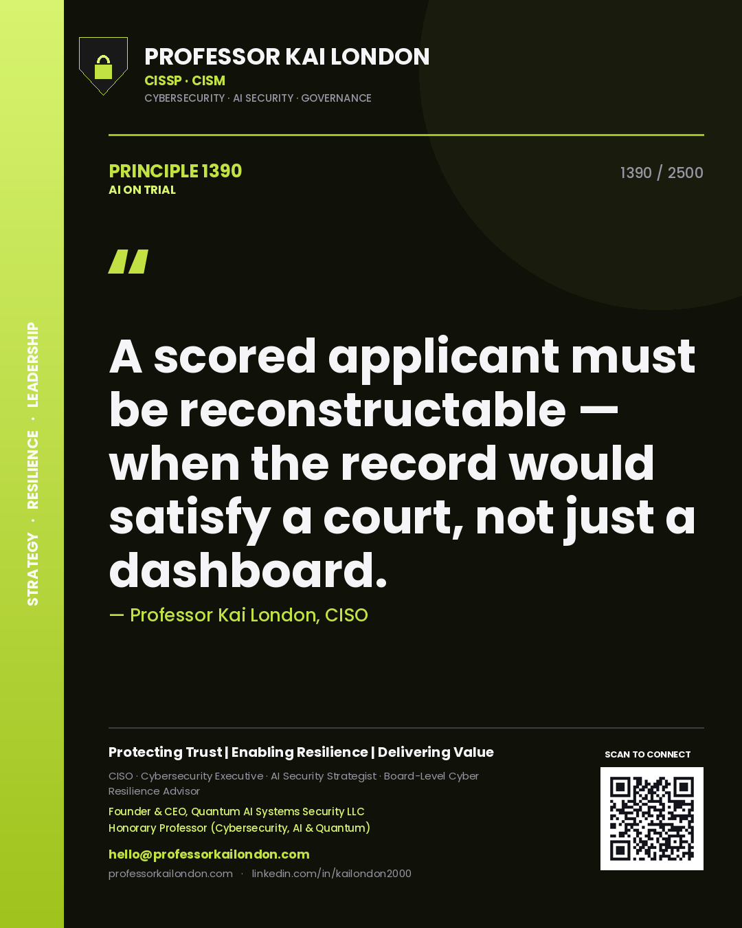 Quote card by Professor Kai London reading 'A scored applicant must be reconstructable — when the record would satisfy a court, not just a dashboard.'. From the book AI on Trial.