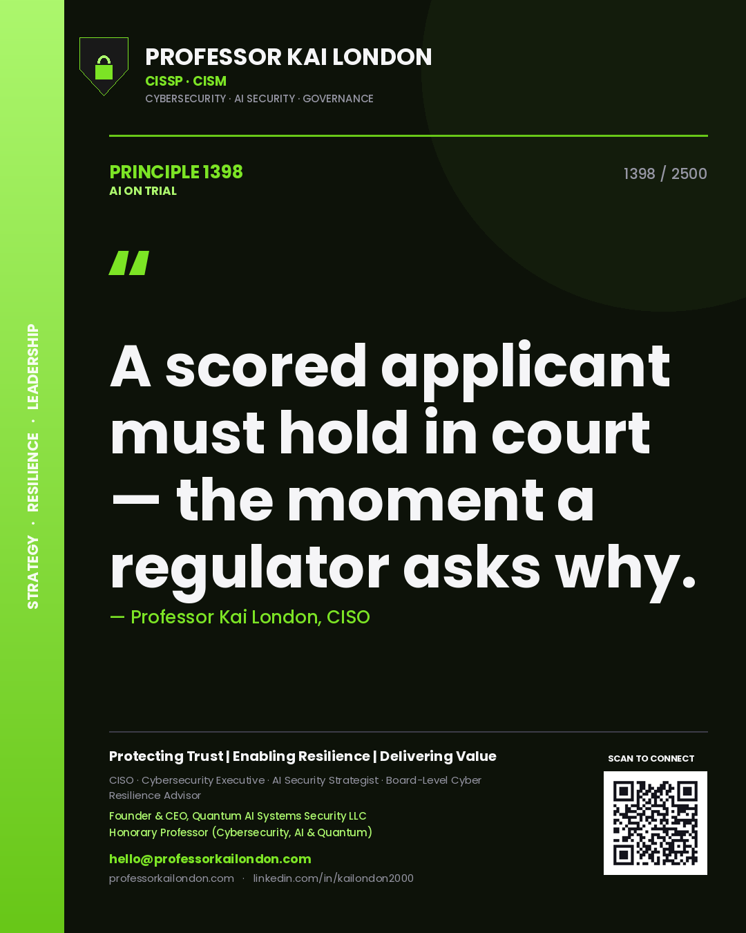 Professor Kai London principle 1398: A scored applicant must hold in court — the moment a regulator asks why.
