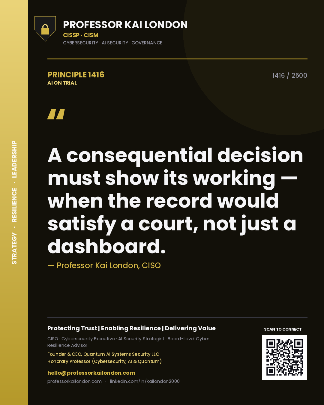 Professor Kai London principle 1416: A consequential decision must show its working — when the record would satisfy a court, not just a dashboard.