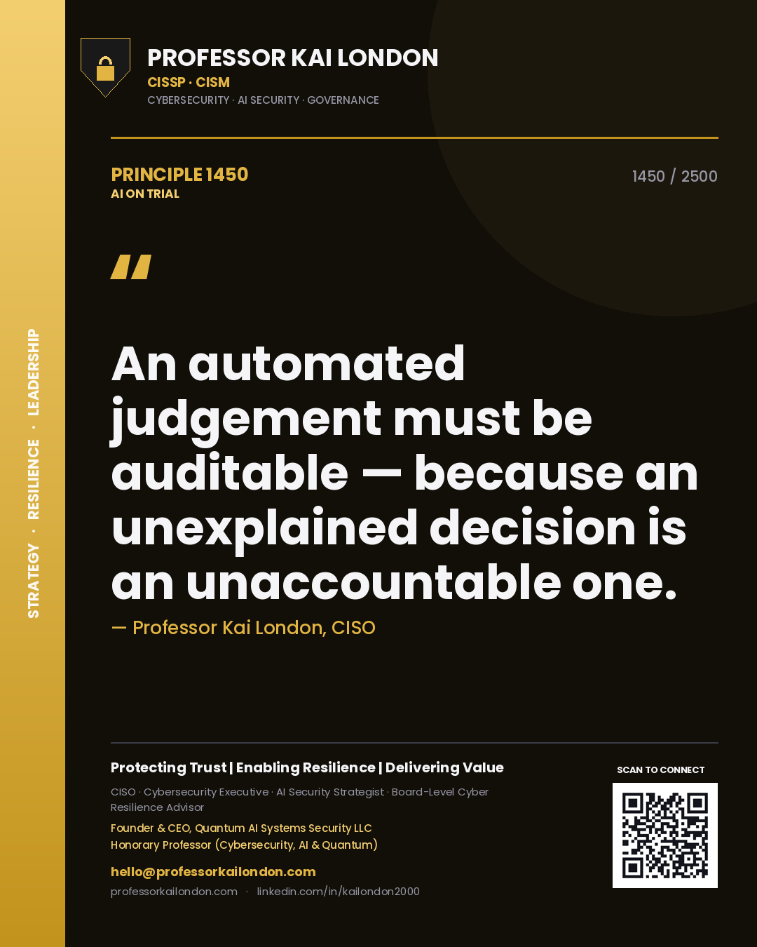 Quote card by Professor Kai London reading 'An automated judgement must be auditable — because an unexplained decision is an unaccountable one.'. From the book AI on Trial.