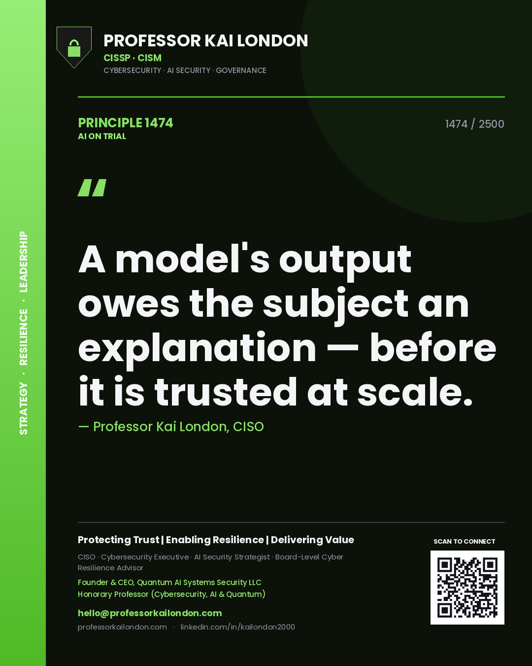 Quote card by Professor Kai London reading 'A model's output owes the subject an explanation — before it is trusted at scale.'. From the book AI on Trial.