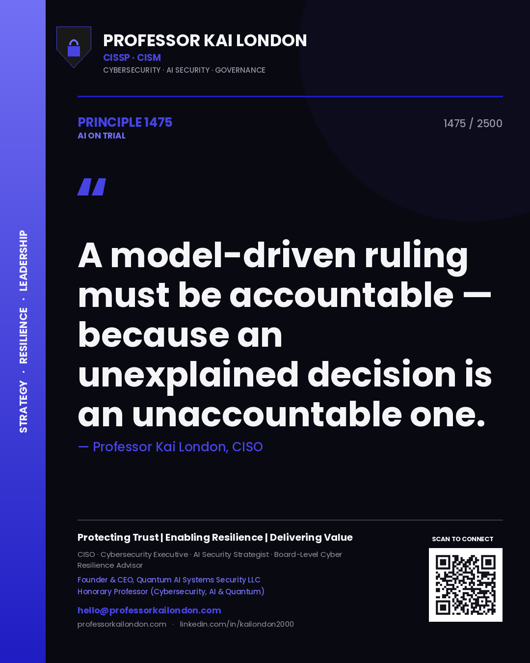 Quote card by Professor Kai London reading 'A model-driven ruling must be accountable — because an unexplained decision is an unaccountable one.'. From the book AI on Trial.
