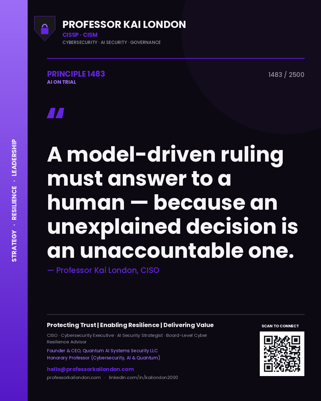 Quote card by Professor Kai London reading 'A model-driven ruling must answer to a human — because an unexplained decision is an unaccountable one.'. From the book AI on Trial.