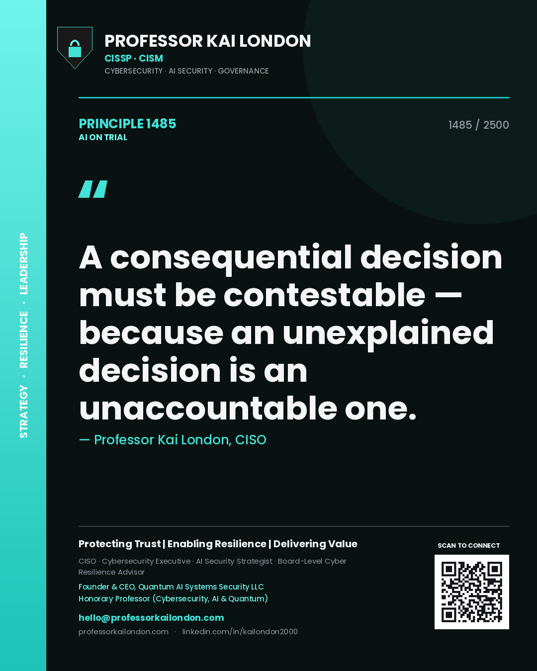 Professor Kai London principle 1485: A consequential decision must be contestable — because an unexplained decision is an unaccountable one.