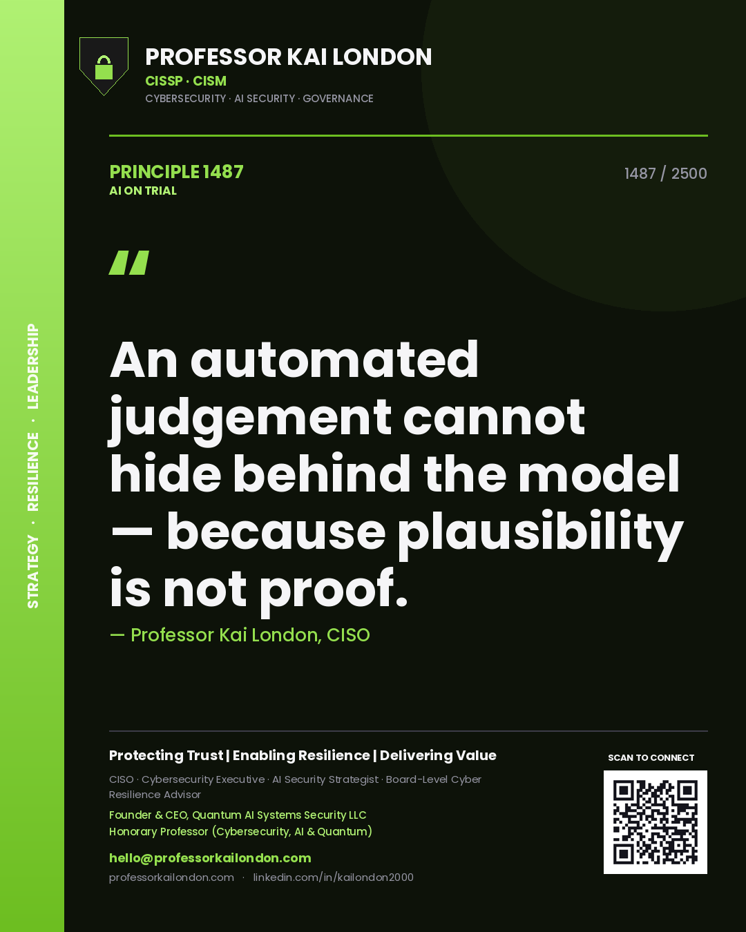 Quote card by Professor Kai London reading 'An automated judgement cannot hide behind the model — because plausibility is not proof.'. From the book AI on Trial.