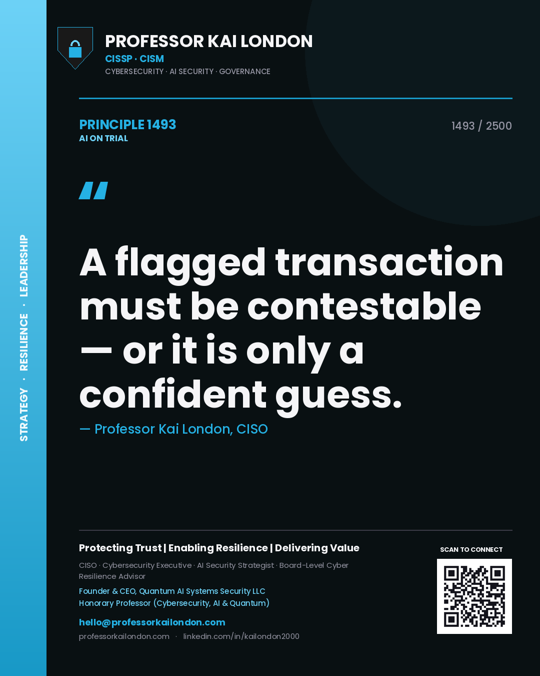 Professor Kai London principle 1493: A flagged transaction must be contestable — or it is only a confident guess.