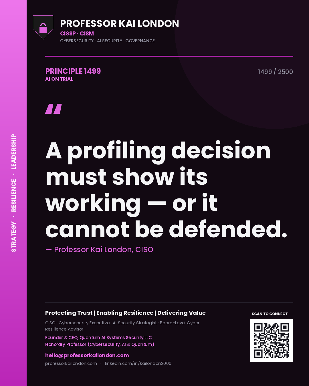 Quote card by Professor Kai London reading 'A profiling decision must show its working — or it cannot be defended.'. From the book AI on Trial.