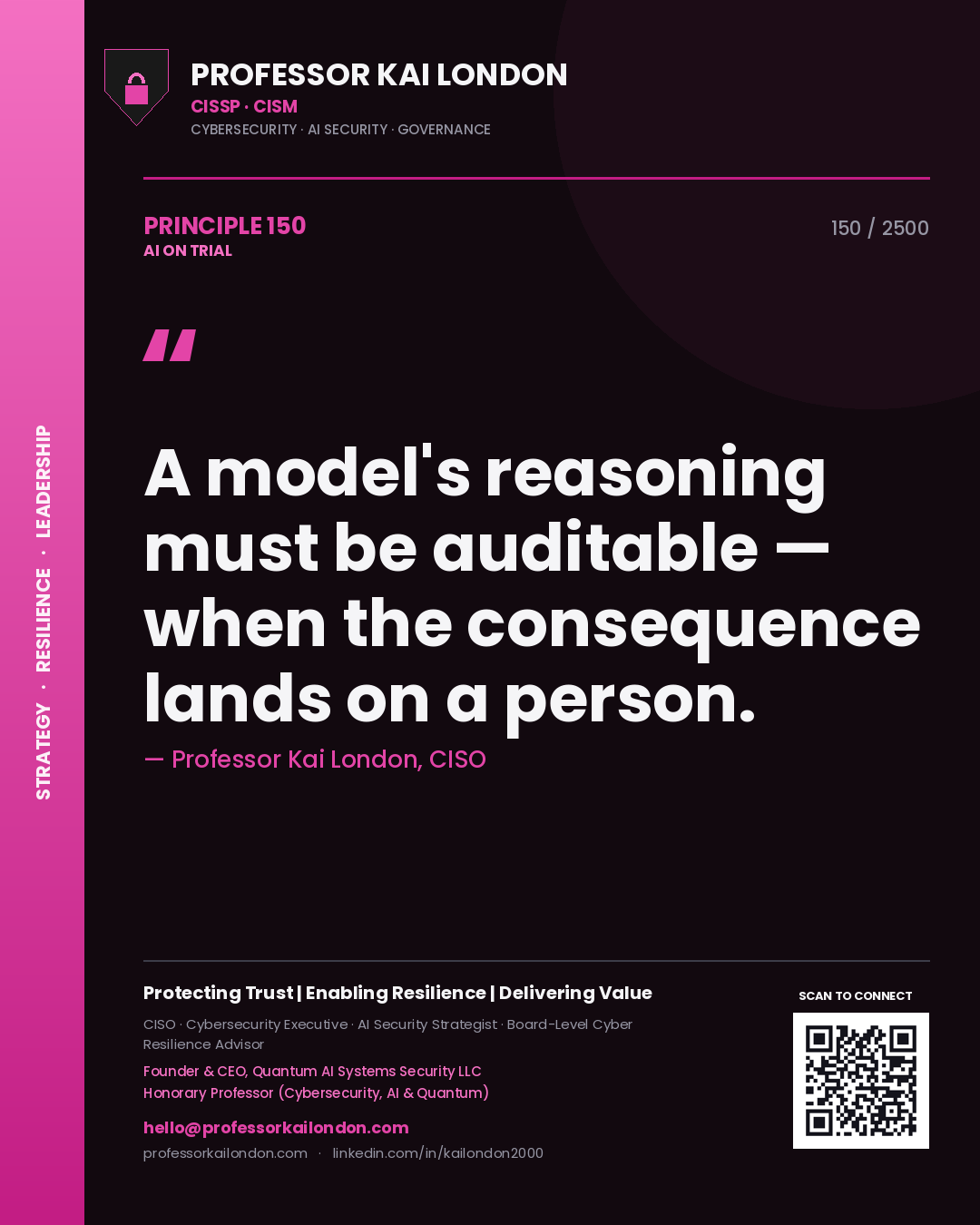 Professor Kai London principle 150: A model's reasoning must be auditable — when the consequence lands on a person.